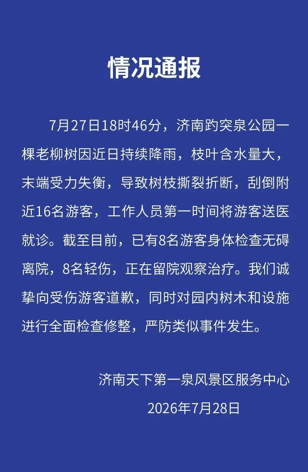 皇冠信用网_大树折断刮倒16名游客皇冠信用网，济南趵突泉景区致歉